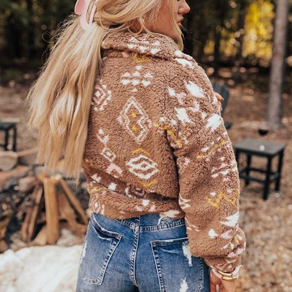 Shop_Fig Jackets & Blazers - New Cozy Fleece Aztec Print Zip Up Jacket Coat